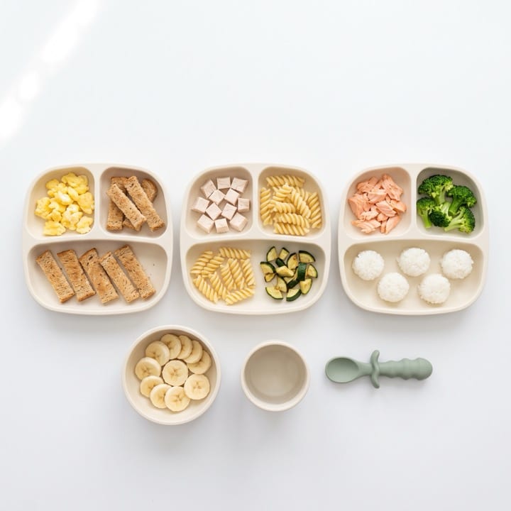 Three divided plates, a bowl of banana and a baby's own spoon