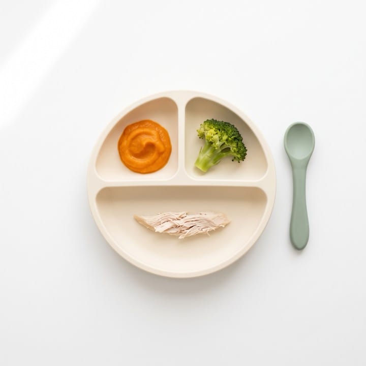 One divided plate with purée, broccoli and shredded chicken, and a spoon
