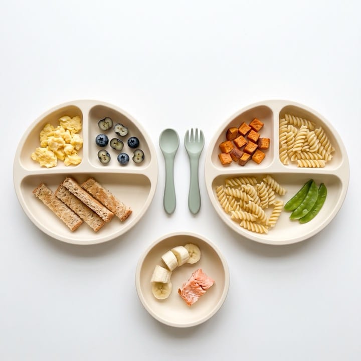Two divided plates and a small bowl, with a spoon and a fork